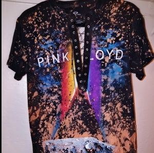 Pink Floyd acid wash lace up v neck